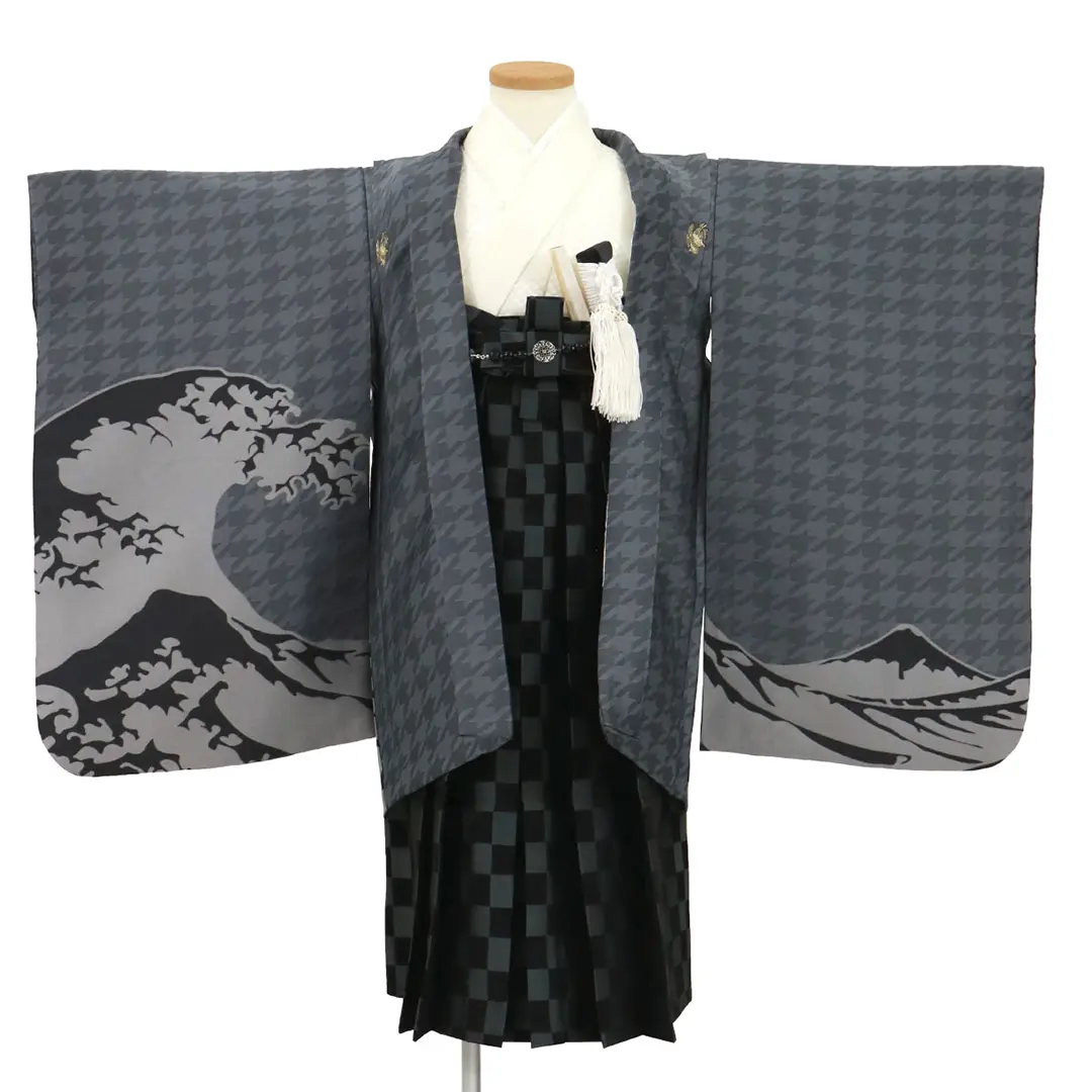 ひさかたろまん》グレー地に波、市松の袴／七五三・五歳男の子・袴