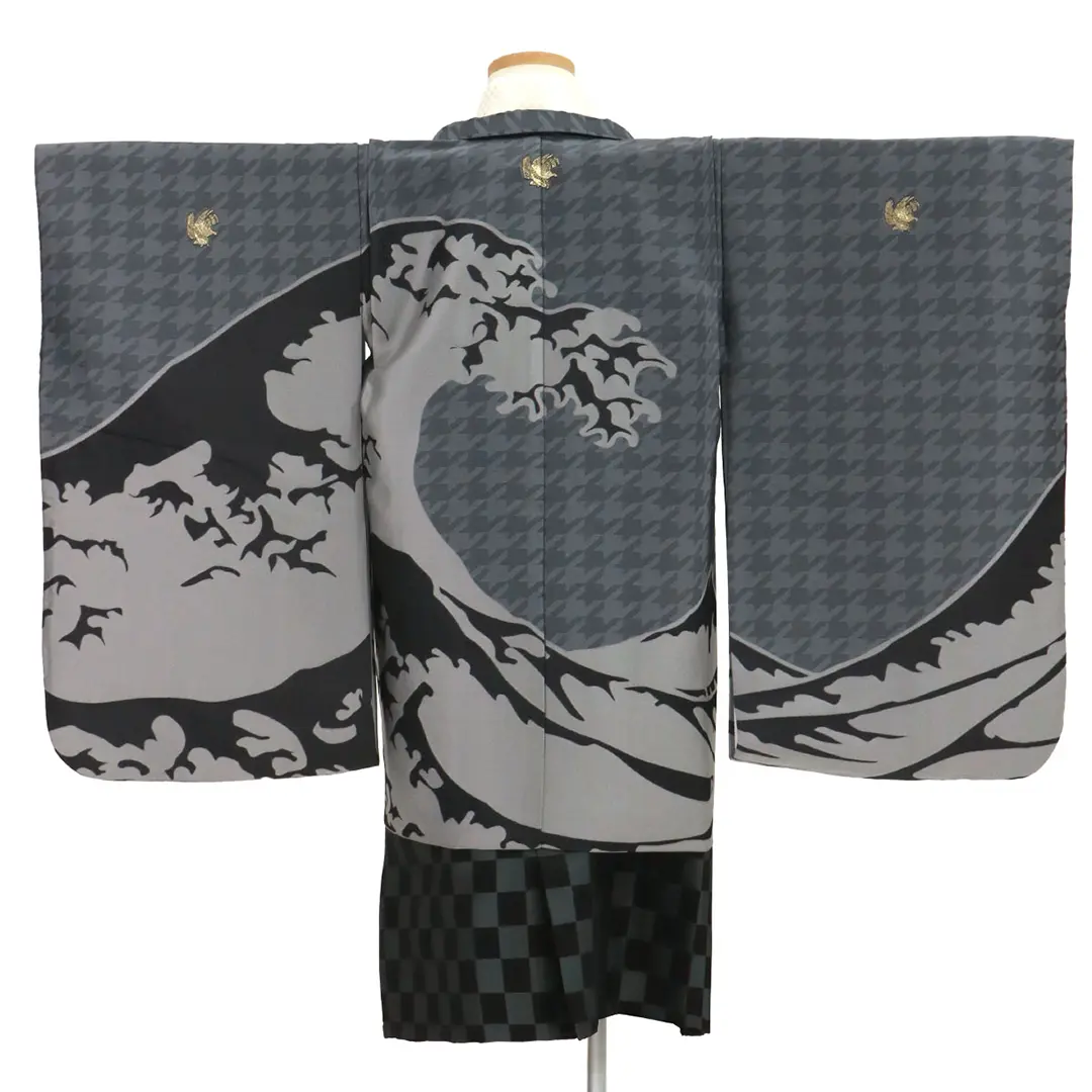 ひさかたろまん》グレー地に波、市松の袴／七五三・五歳男の子・袴