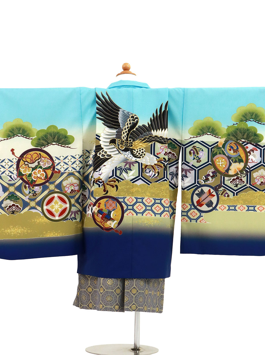 水色地に鷹と吉祥文、藍鼠の袴／七五三・五歳男の子・袴 | 宅配着物