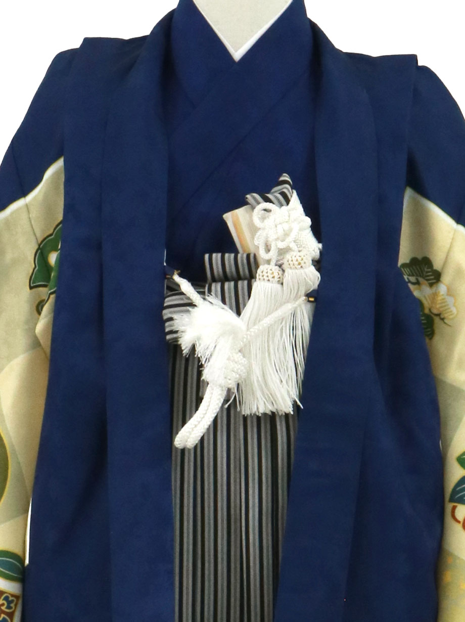 紺地に市松模様の宝尽くし、黒縞の袴／七五三・五歳男の子・袴 | 宅配