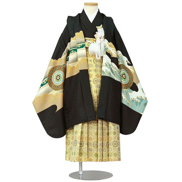 黒地に兜と丸紋、金襴の袴／七五三・五歳男の子・袴