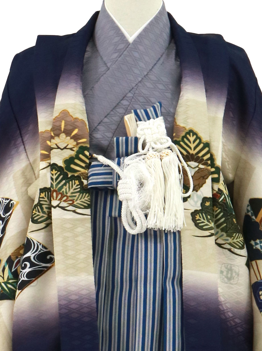 紺地に鷹と市松に扇、紺縞の袴／七五三・五歳男の子・袴 | 宅配着物