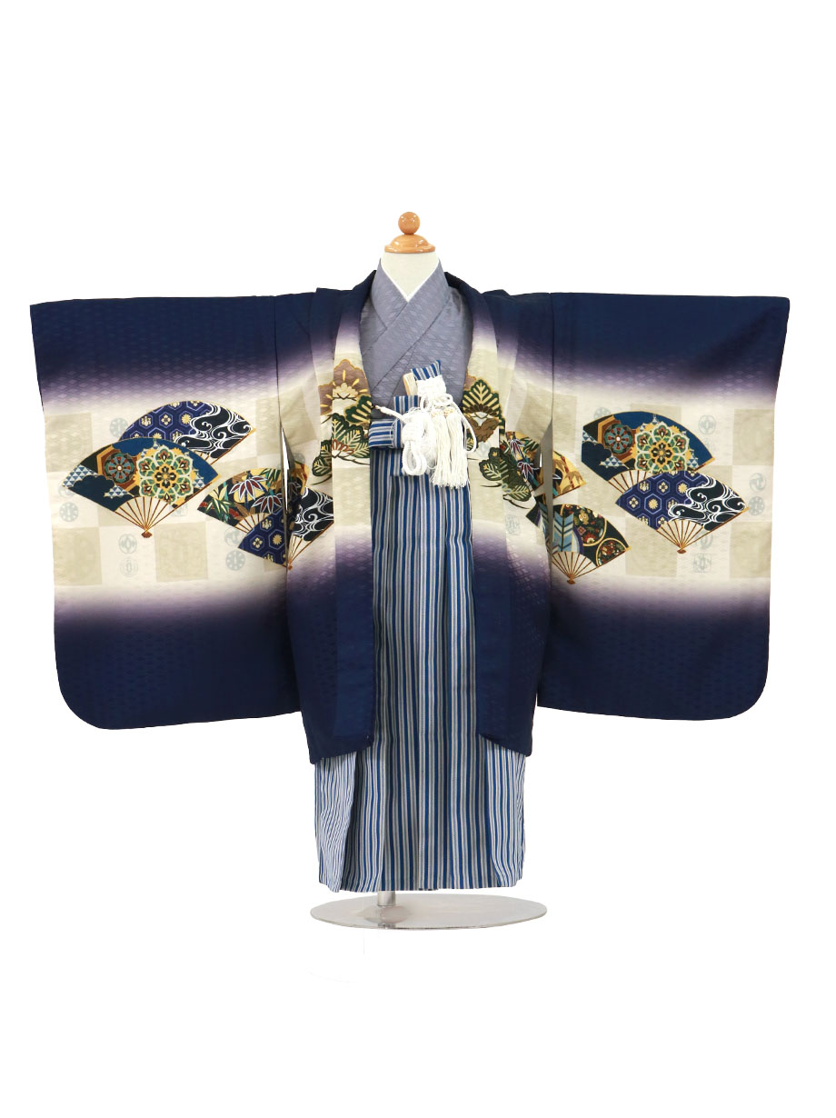 紺地に鷹と市松に扇、紺縞の袴／七五三・五歳男の子・袴 | 宅配着物