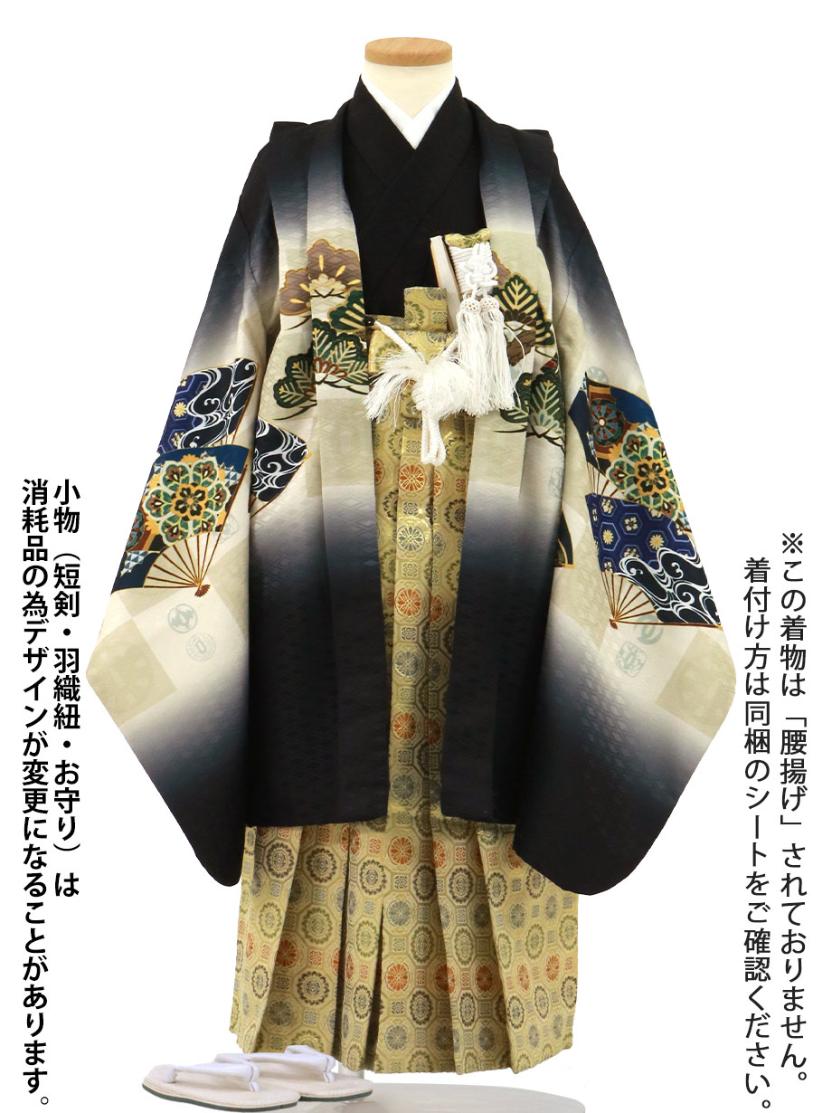 黒地に鷹と市松に扇、金襴の袴／七五三・五歳男の子・袴 | 宅配着物