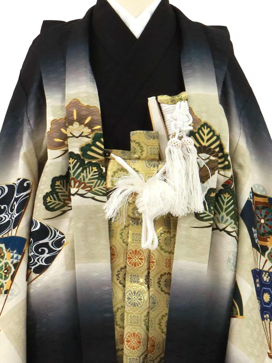 黒地に鷹と市松に扇、金襴の袴／七五三・五歳男の子・袴 | 宅配