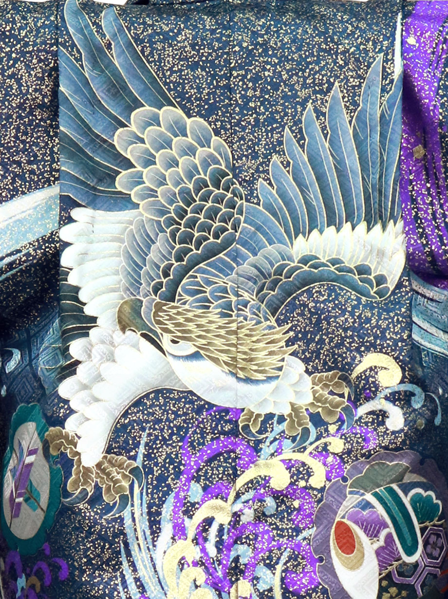 金箔の紺地に鷹と波、紺縞の袴／七五三・五歳男の子・袴 | 宅配