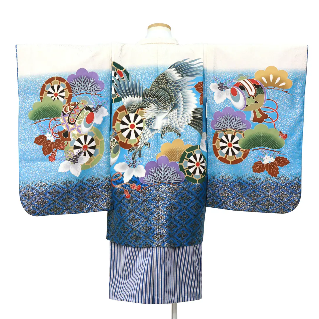 金箔の白と水色に鷹と松、紺縞の袴／七五三・五歳男の子・袴 | 宅配