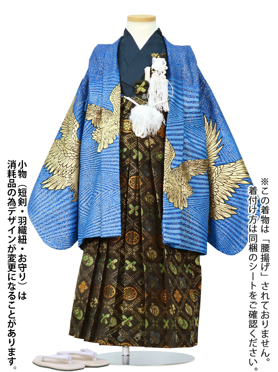 金箔の水色に七羽の鷹、黒の袴／小さめサイズ／七五三・五歳男の子・袴