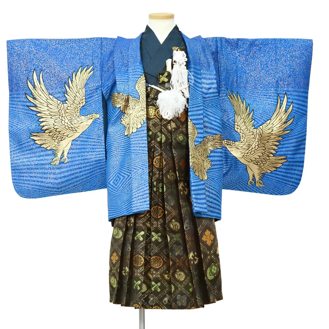 金箔の水色に七羽の鷹、黒の袴／小さめサイズ／七五三・五歳男の子・袴／羽織の柄