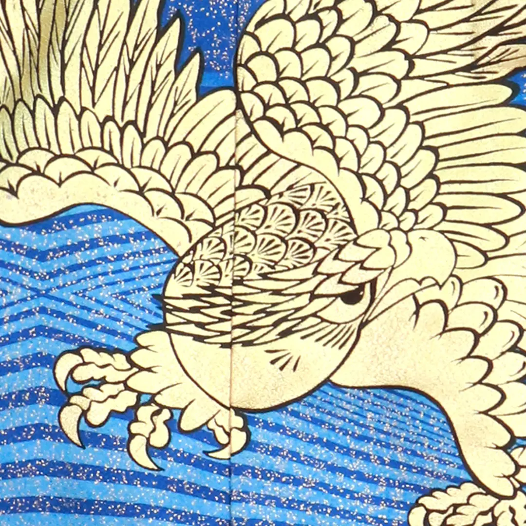 金箔の水色に七羽の鷹、黒の袴／小さめサイズ／七五三・五歳男の子・袴／背中の柄詳細