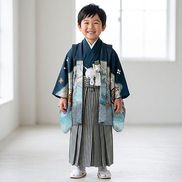 紺地に疋田の波と鷹、黒縞の袴／小さめサイズ／七五三・五歳男の子・袴