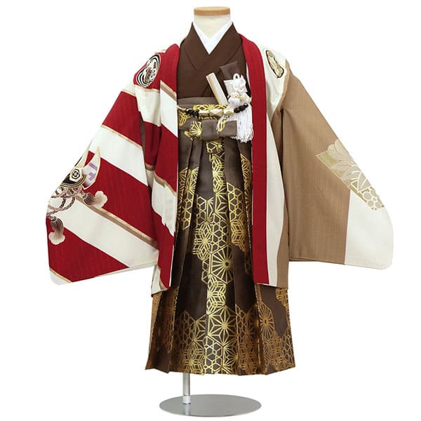 JAPAN STYLE》白地に縦縞と赤の斜め縞の片身替わりに鷹、竹の葉