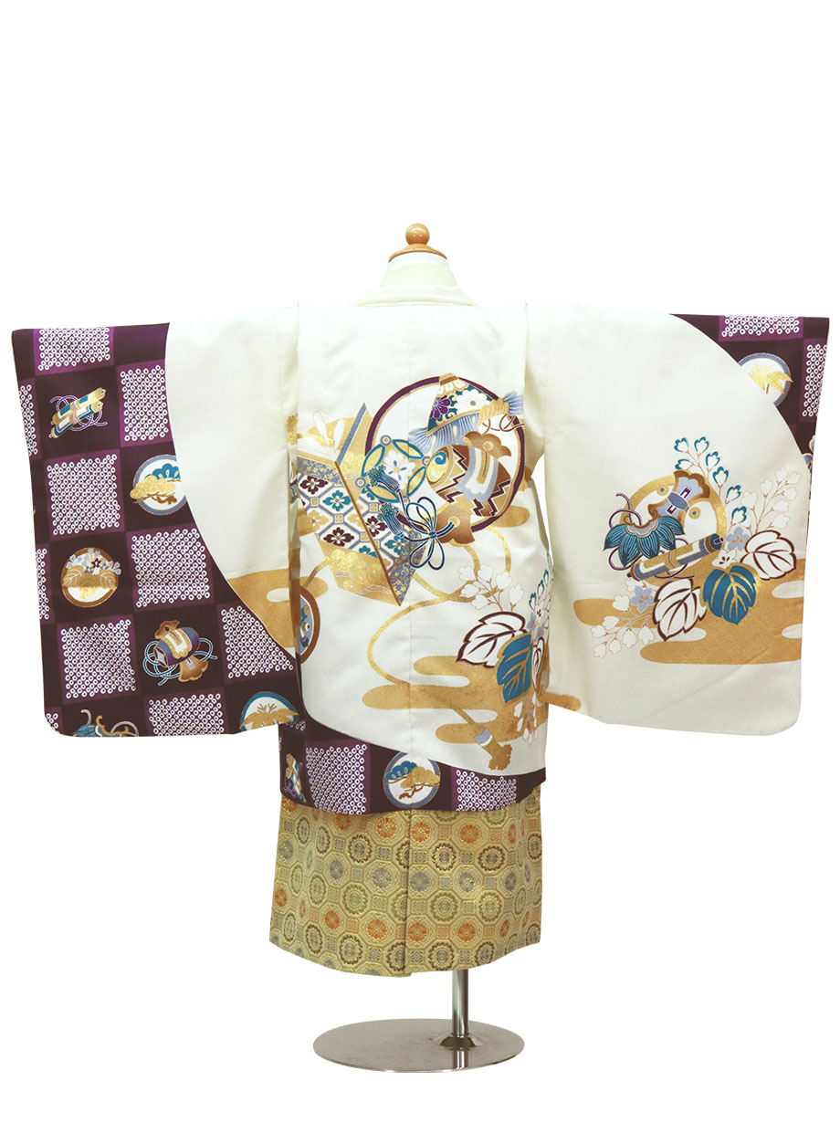 白地に市松と宝尽くしの金襴の袴／小さめサイズ／七五三・五歳男の子・袴