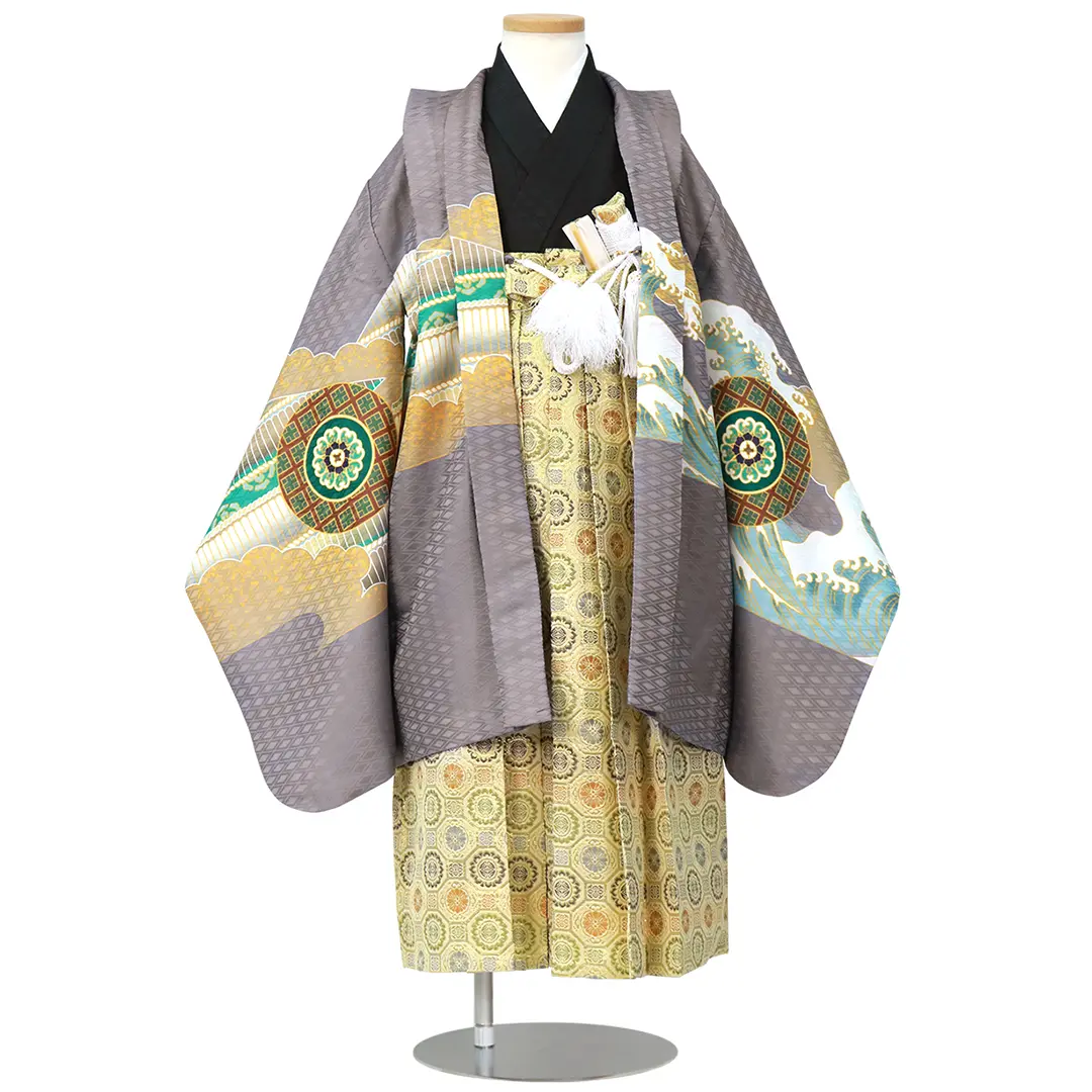グレー地に兜と丸紋、金襴の袴／七五三・五歳男の子・袴／正面