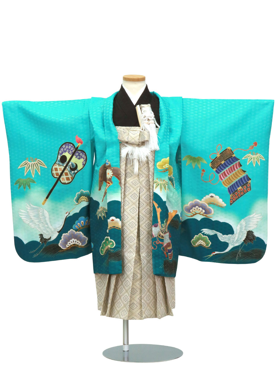 水色地に鶴と兜、白グレーの袴／七五三・五歳男の子・袴 | 宅配着物