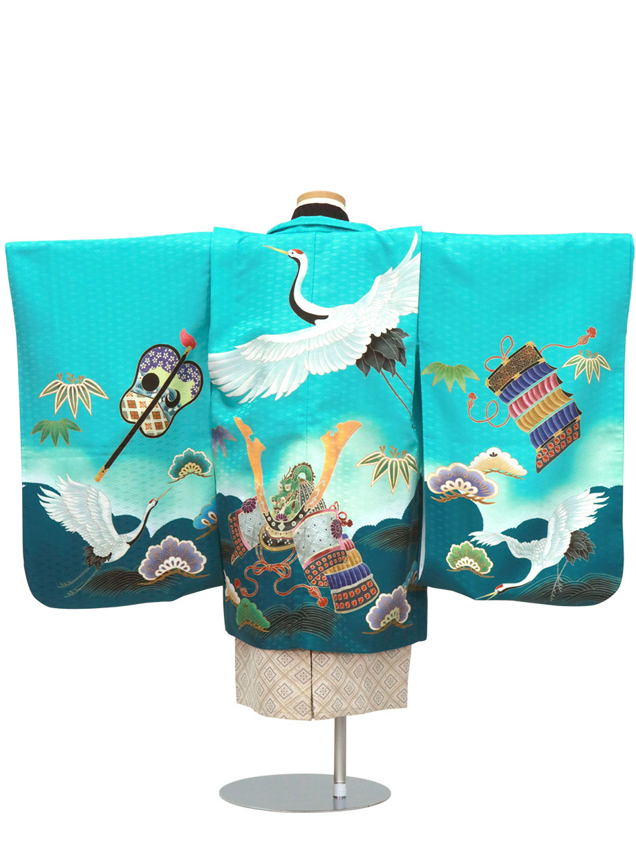 水色地に鶴と兜、白グレーの袴／七五三・五歳男の子・袴 | 宅配着物