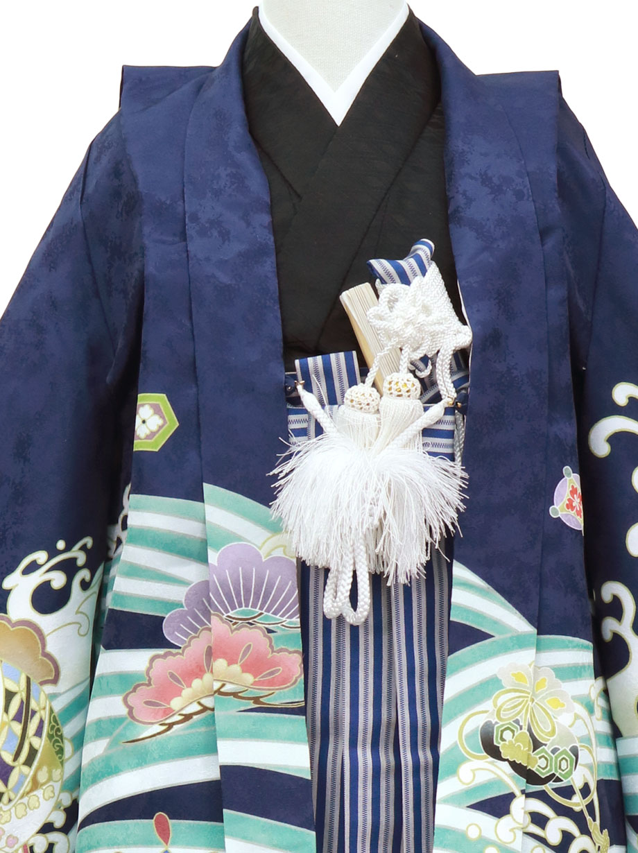 紺地に鷹と宝船、紺縞の袴2／七五三・五歳男の子・袴* | 宅配