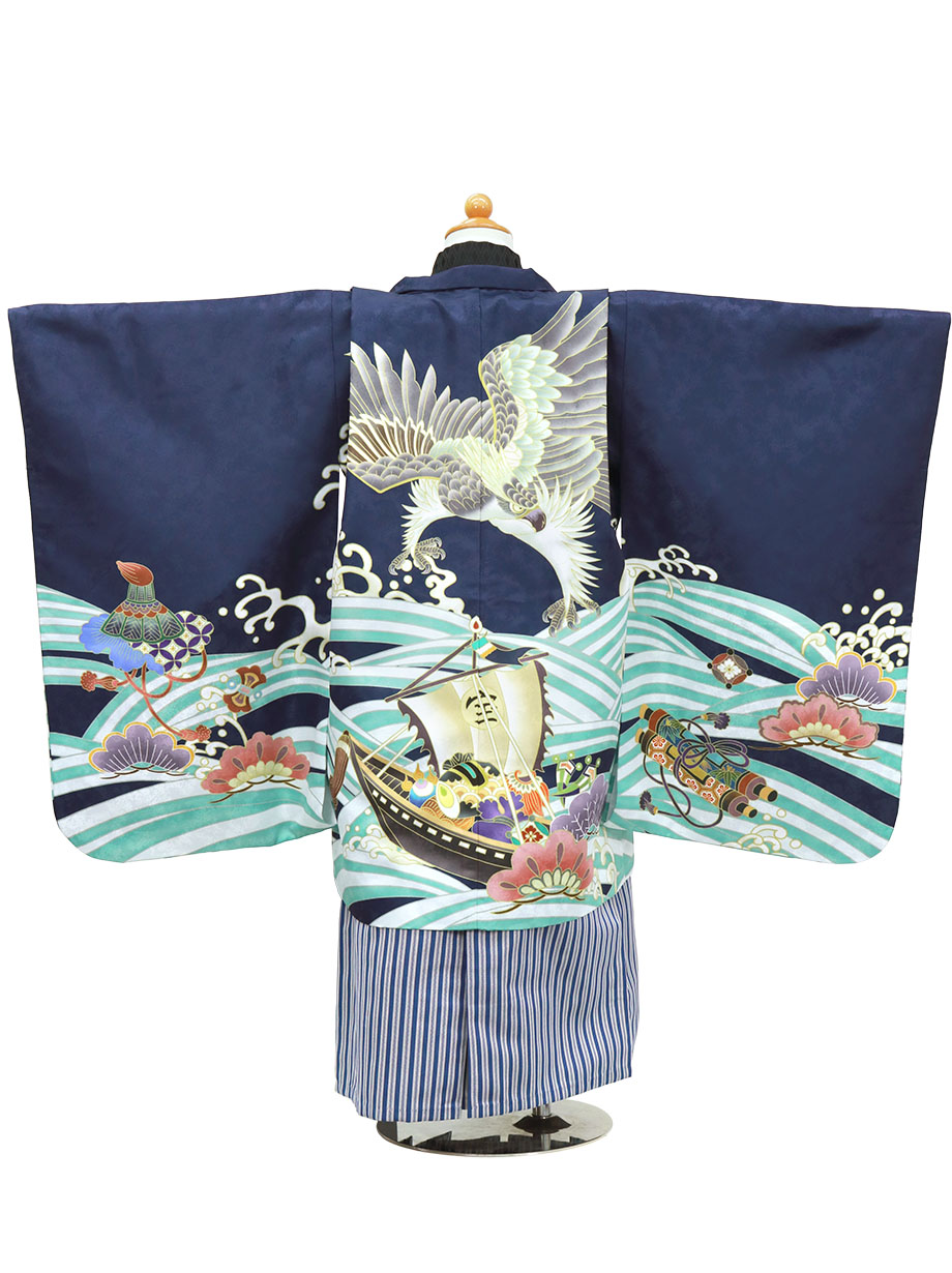紺地に鷹と宝船、紺縞の袴2／七五三・五歳男の子・袴* | 宅配
