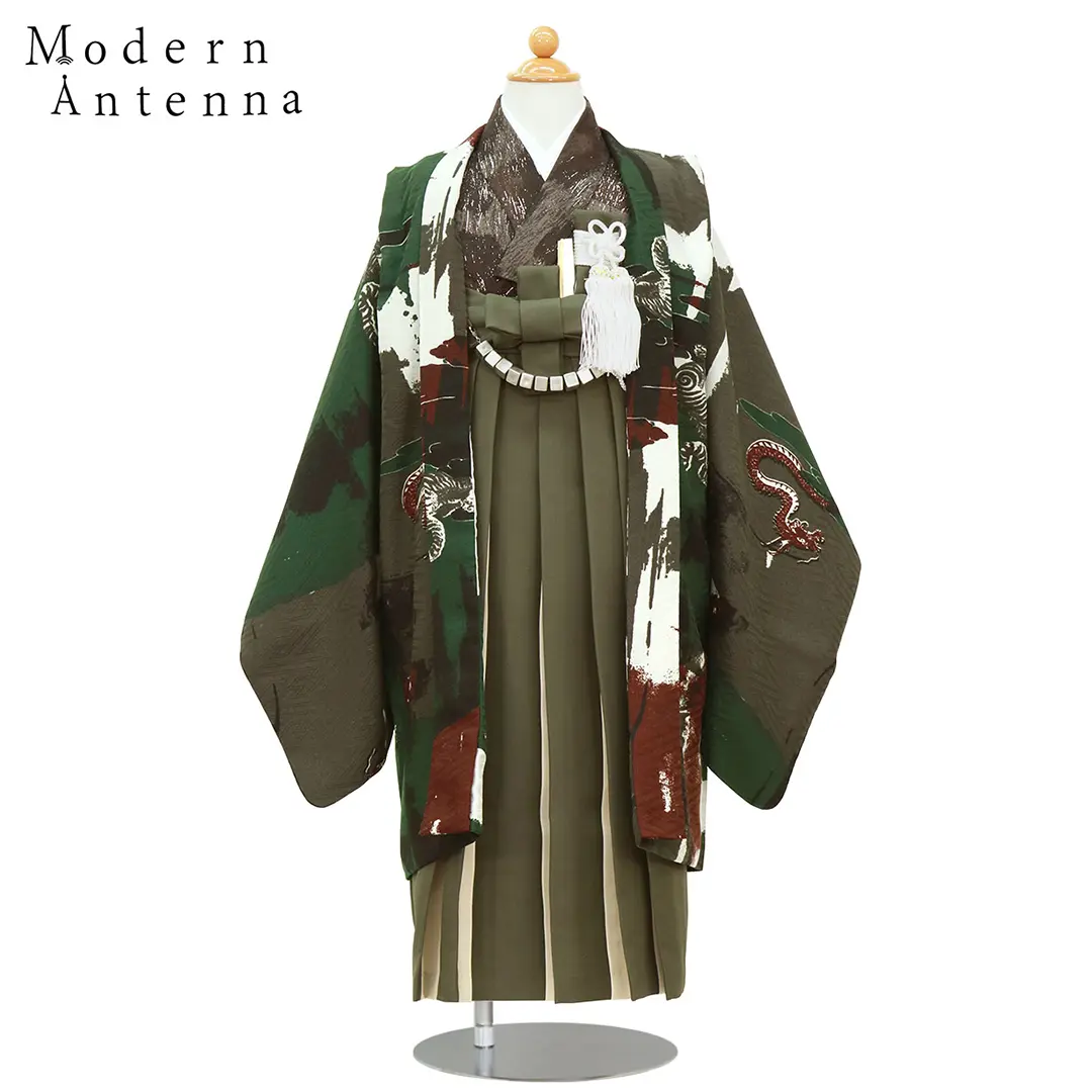 七五三 5歳　男児　緑と黒 龍　ドラゴンデザイン　フルセット 七五三 男の子 レンタル 5歳 羽織袴 フルセット 着物セット ブランド