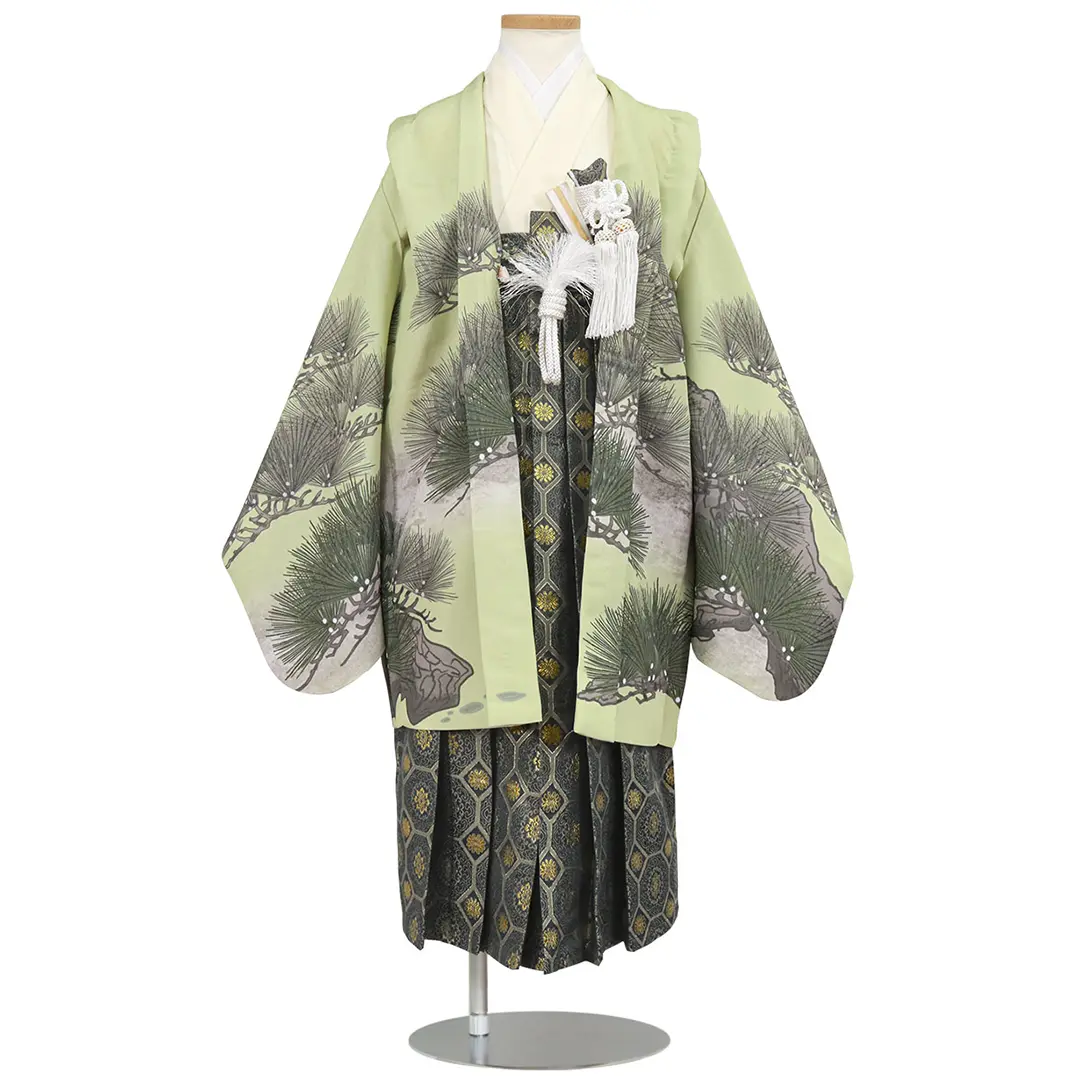 黄緑地に松と兜、藍鼠の袴／七五三・五歳男の子・袴 | 宅配着物