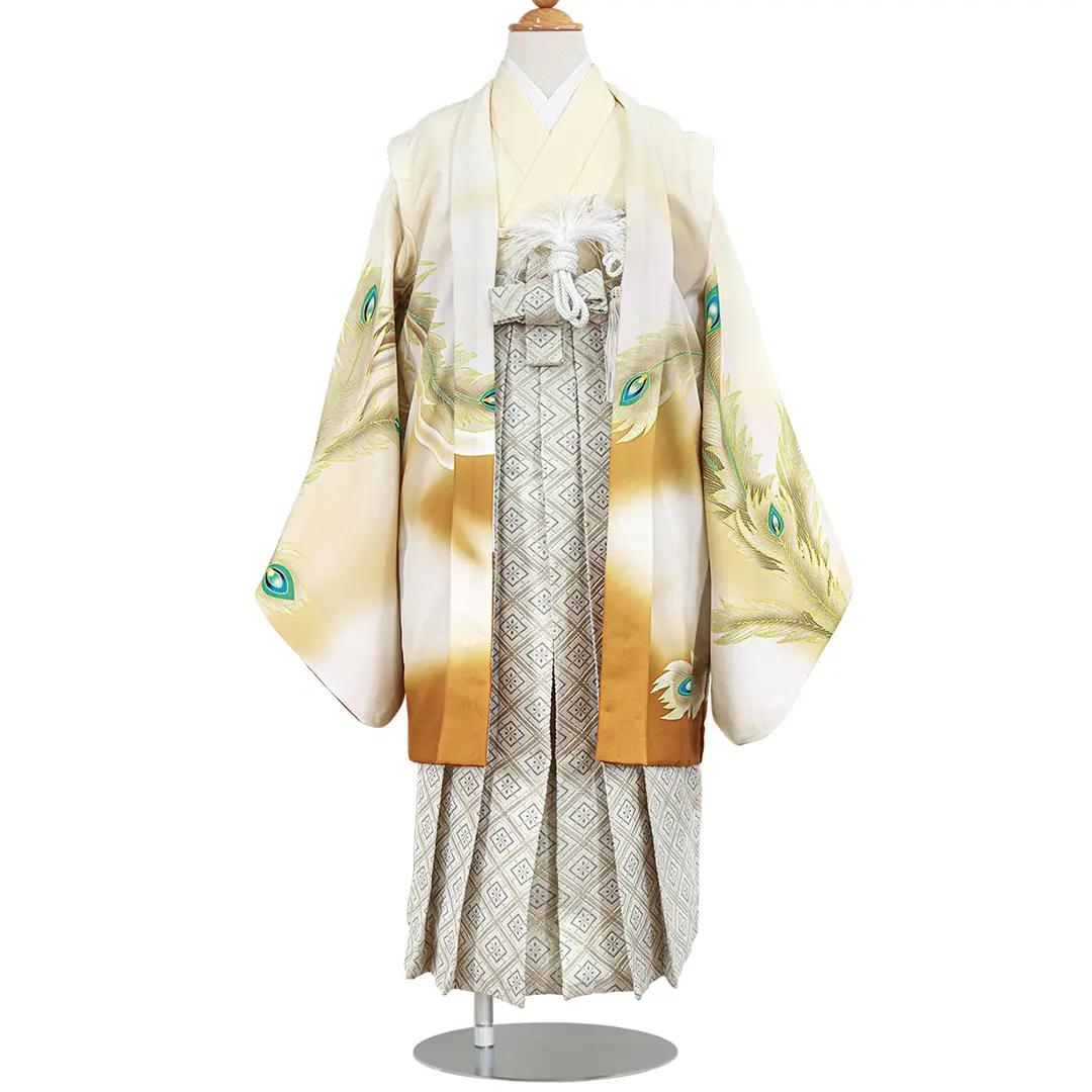 アイボリー地に金の鳳凰、白グレーの袴／七五三・五歳男の子・袴