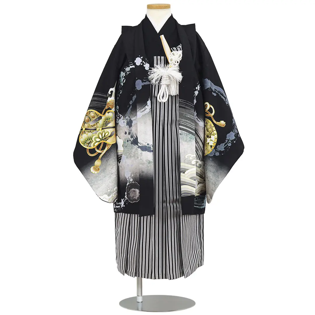 黒地に波と帆船、黒縞の袴／七五三・五歳男の子・袴