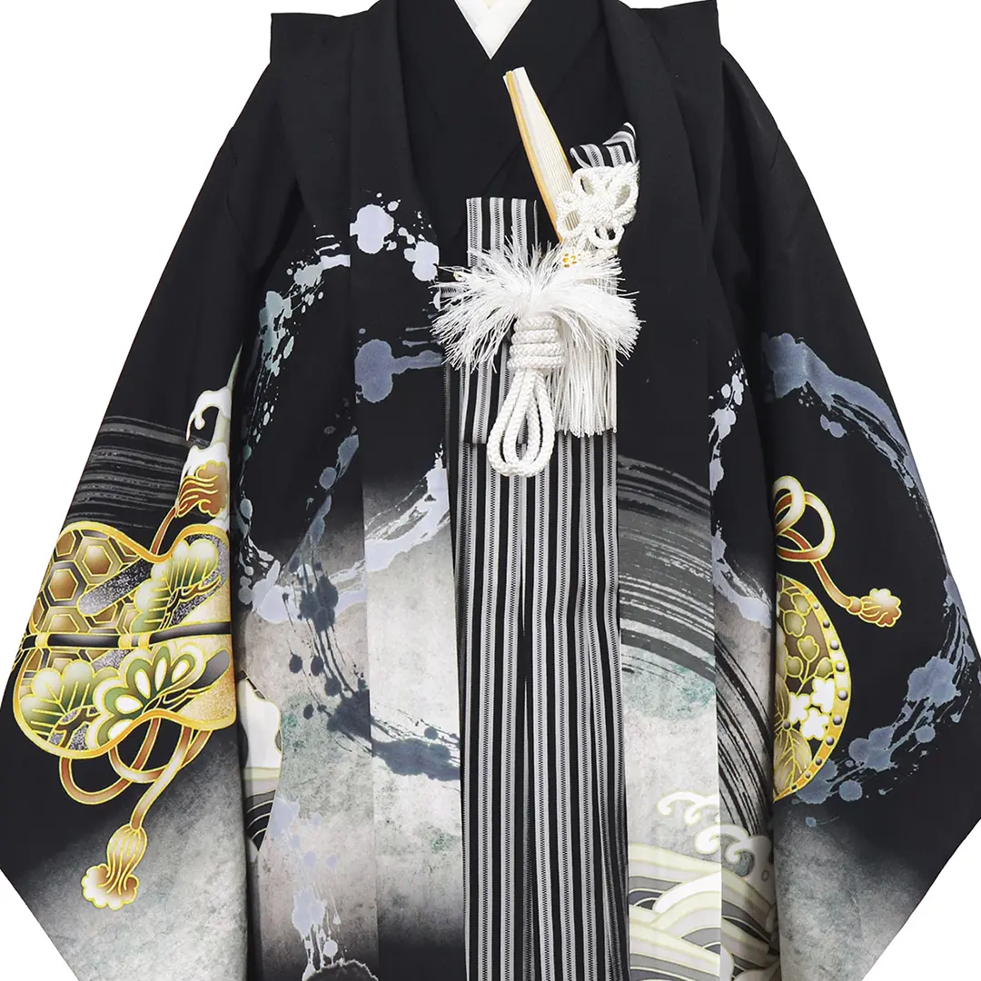 黒地に波と帆船、黒縞の袴／七五三・五歳男の子・袴