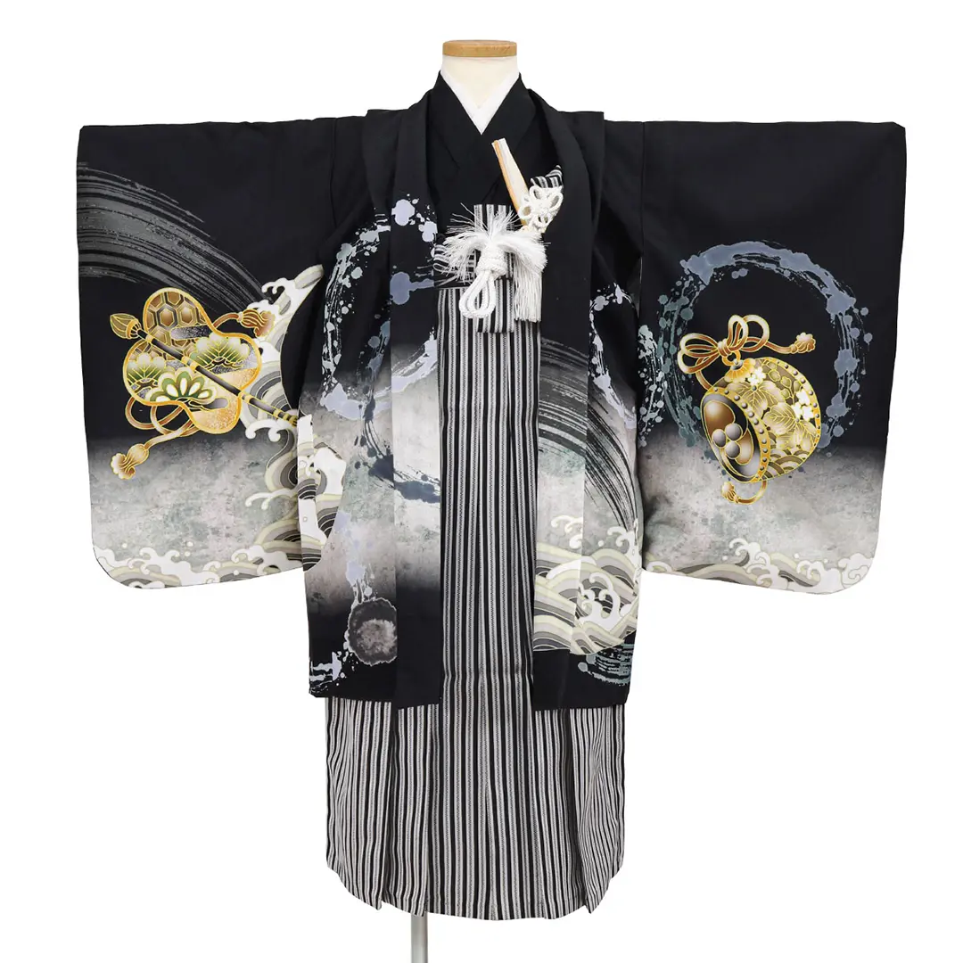 黒地に波と帆船、黒縞の袴／七五三・五歳男の子・袴