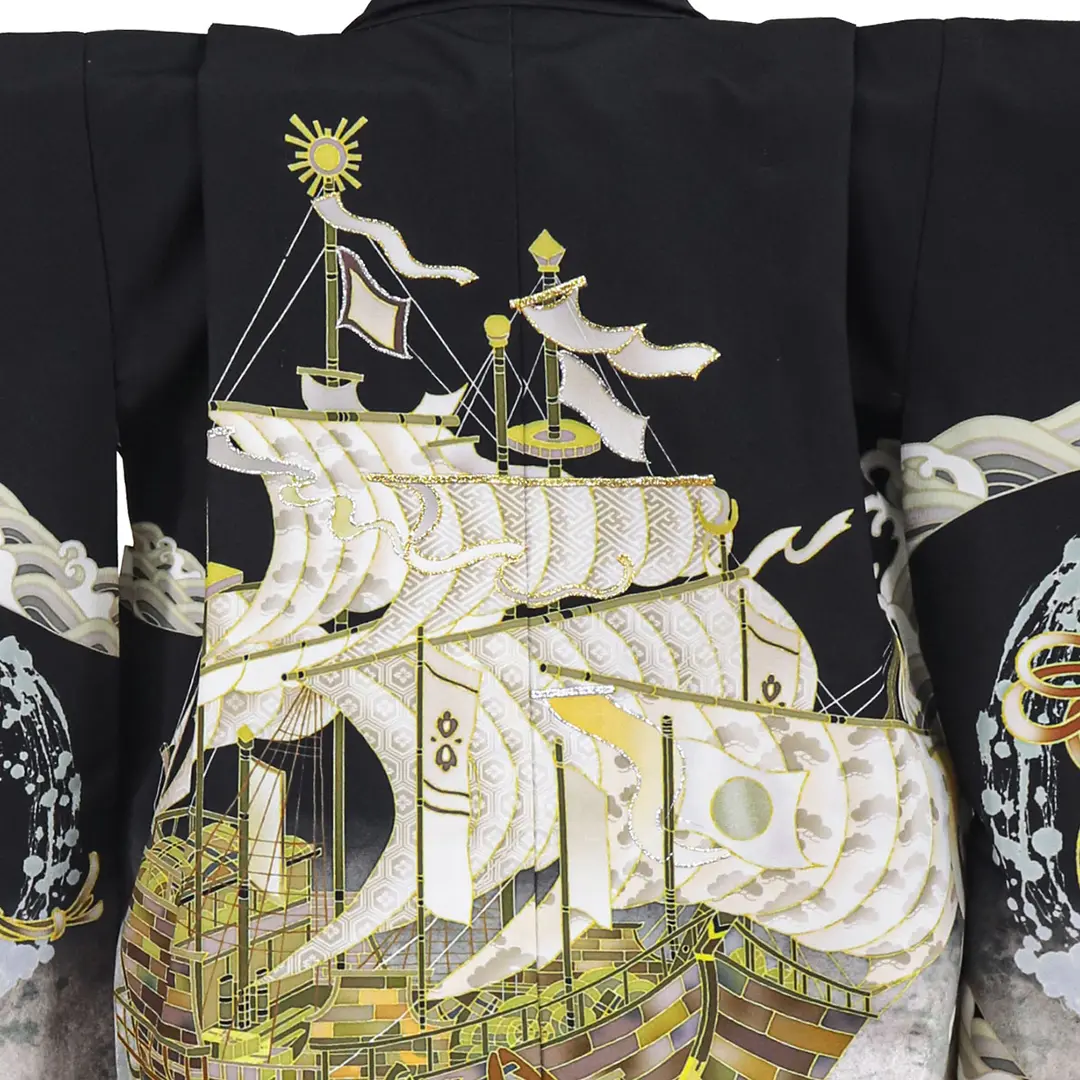 黒地に波と帆船、黒縞の袴／七五三・五歳男の子・袴