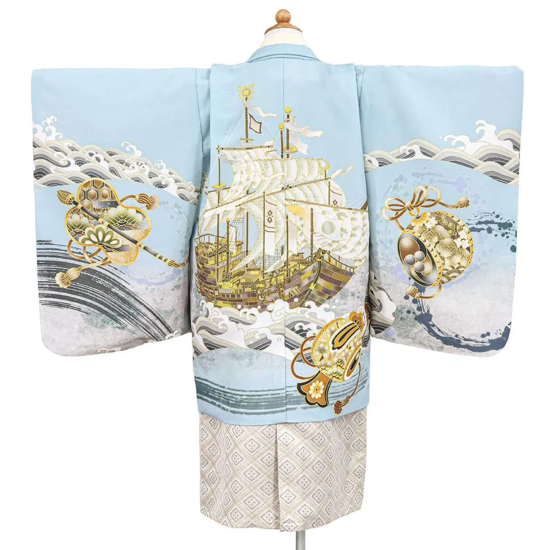 水色地に波と帆船、白グレーの袴／七五三・五歳男の子・袴