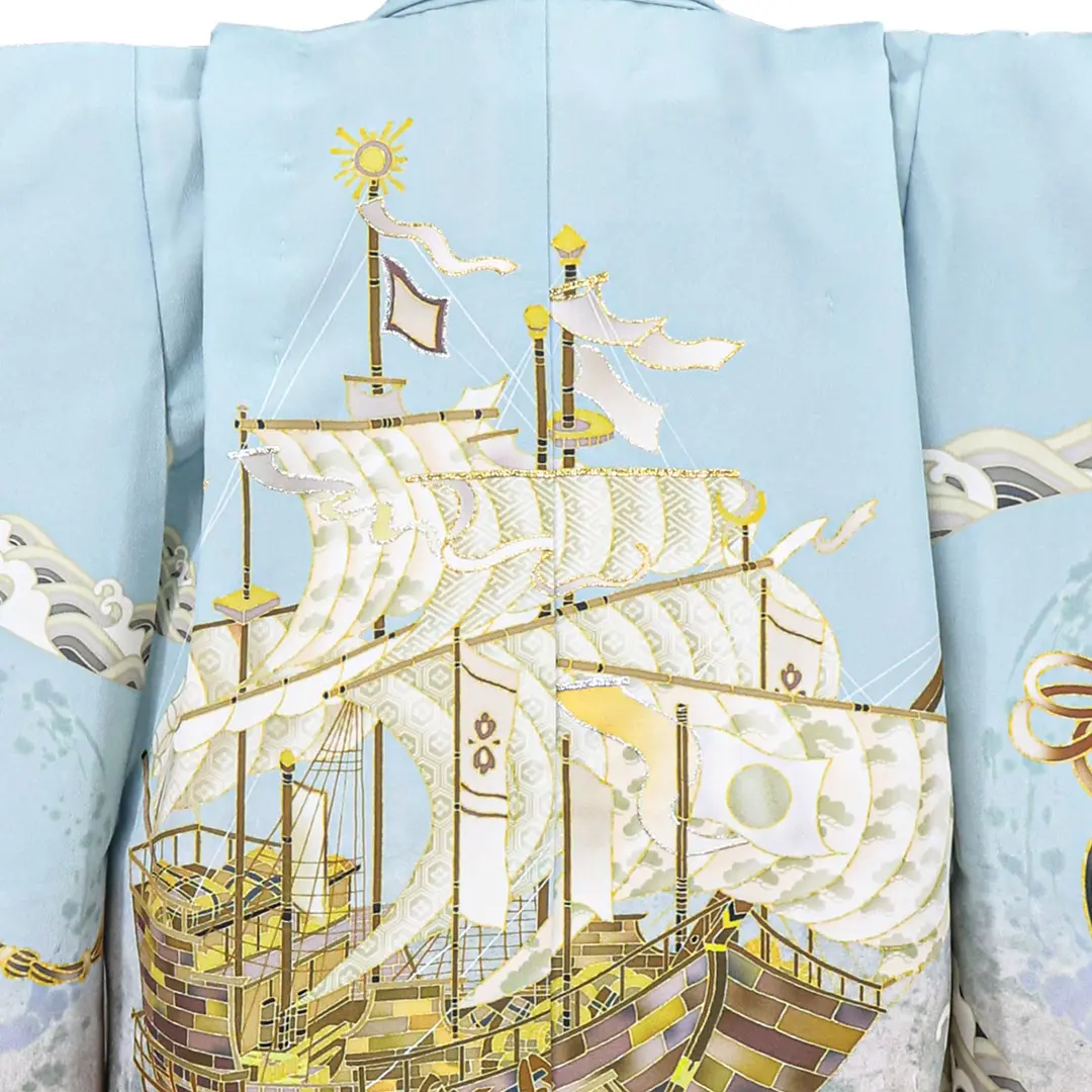 水色地に波と帆船、白グレーの袴／七五三・五歳男の子・袴