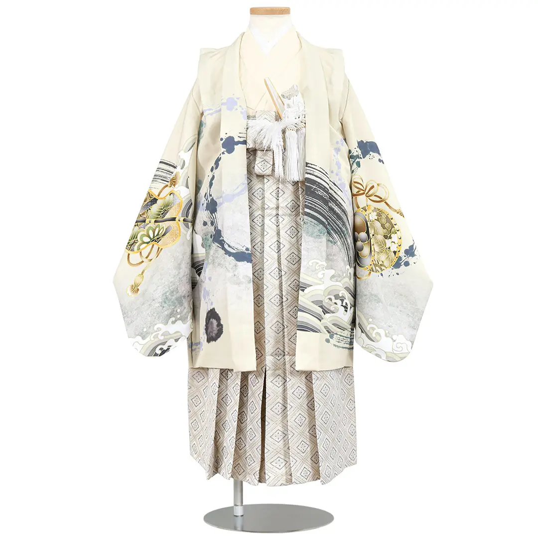 アイボリー地に波と帆船、白グレーの袴／七五三・五歳男の子・袴