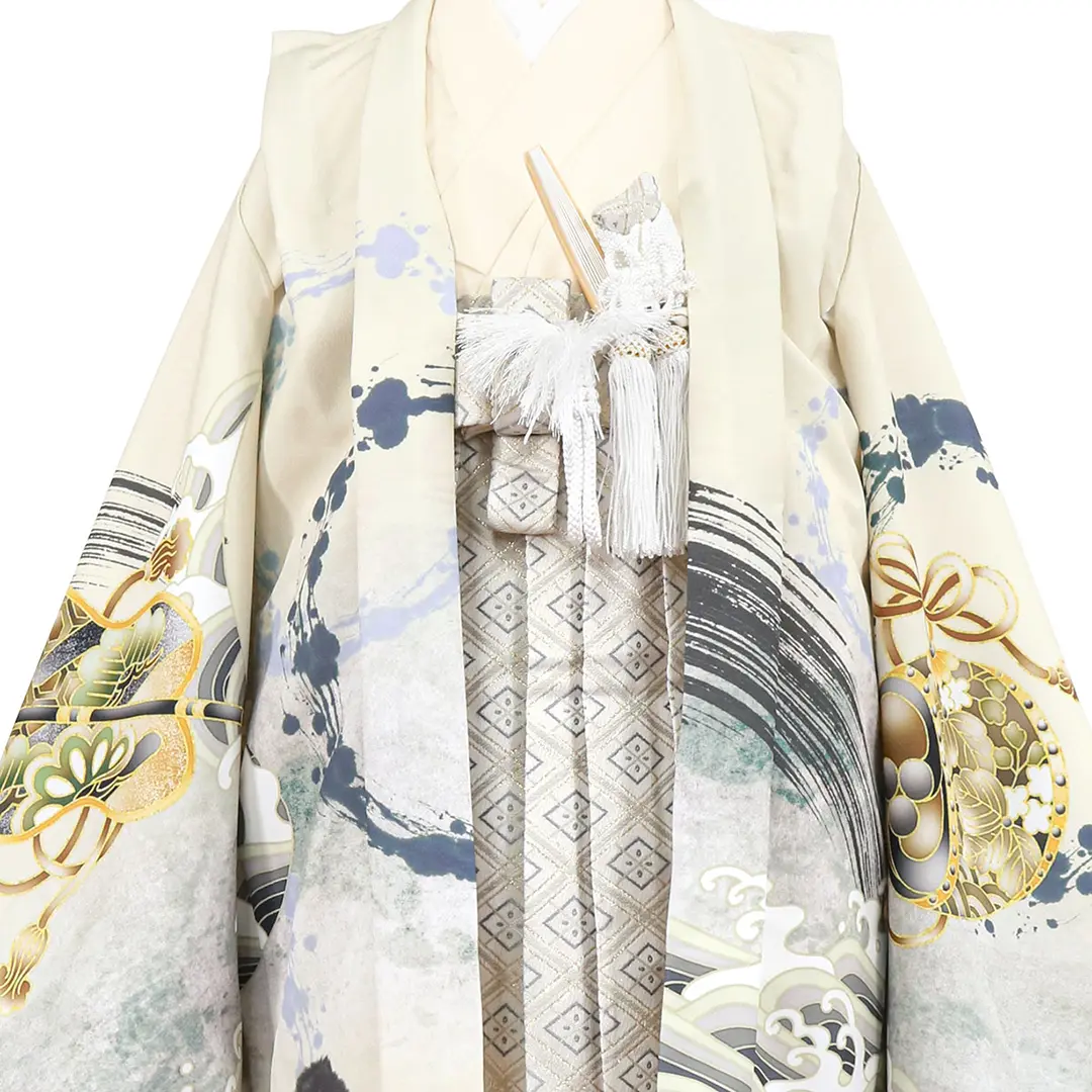 アイボリー地に波と帆船、白グレーの袴／七五三・五歳男の子・袴