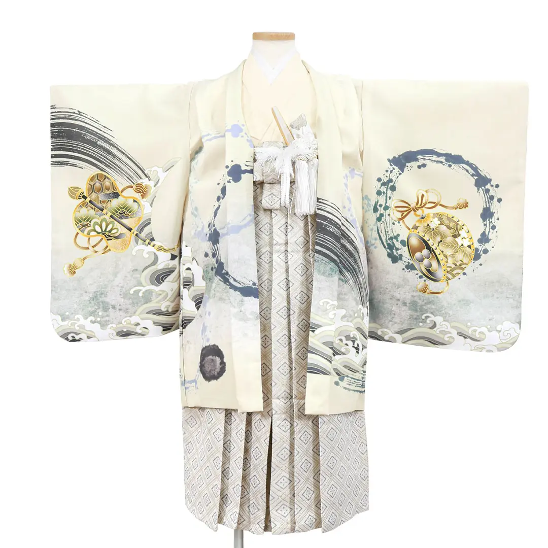 アイボリー地に波と帆船、白グレーの袴／七五三・五歳男の子・袴