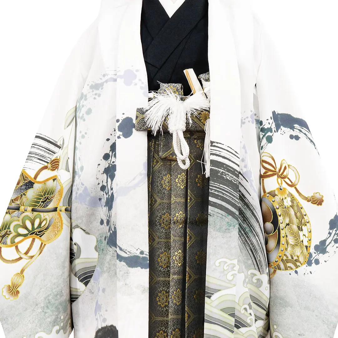 白地に波と帆船、藍鼠の袴／七五三・五歳男の子・袴