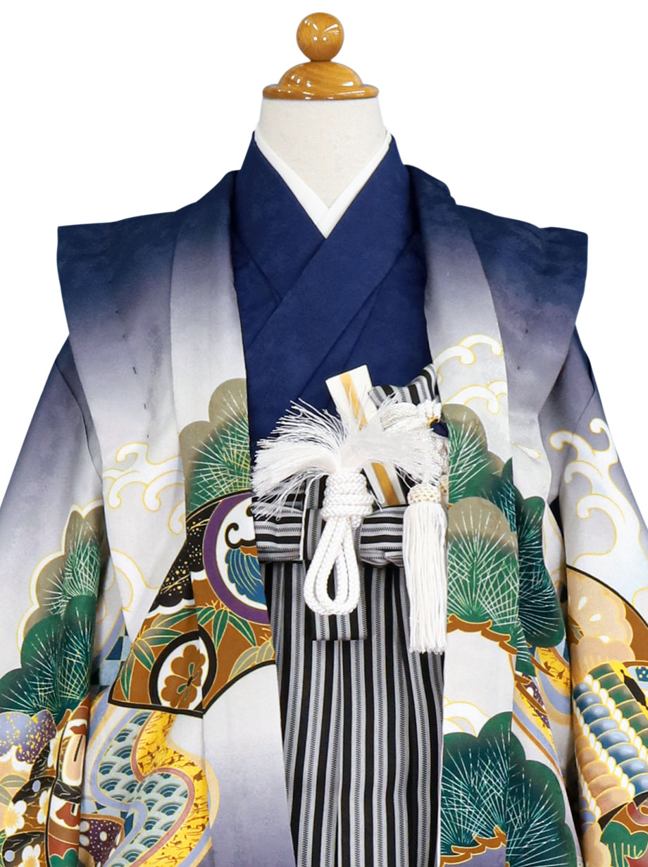 紺地に鷹や兜、黒縞の袴／七五三・五歳男の子・袴
