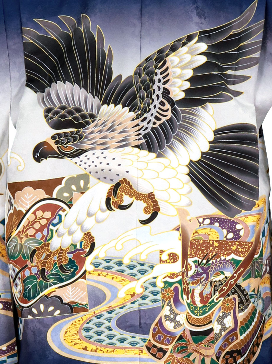 紺地に鷹や兜、黒縞の袴／七五三・五歳男の子・袴