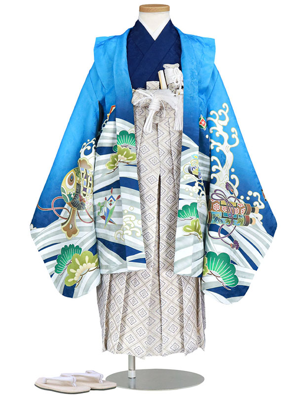 【美品】七五三 男の子 5歳 羽織袴フルセット 草履付き グレー　富士山　宝船 美品】七五三 男の子 5歳 羽織袴フルセット 草履付き グレー
