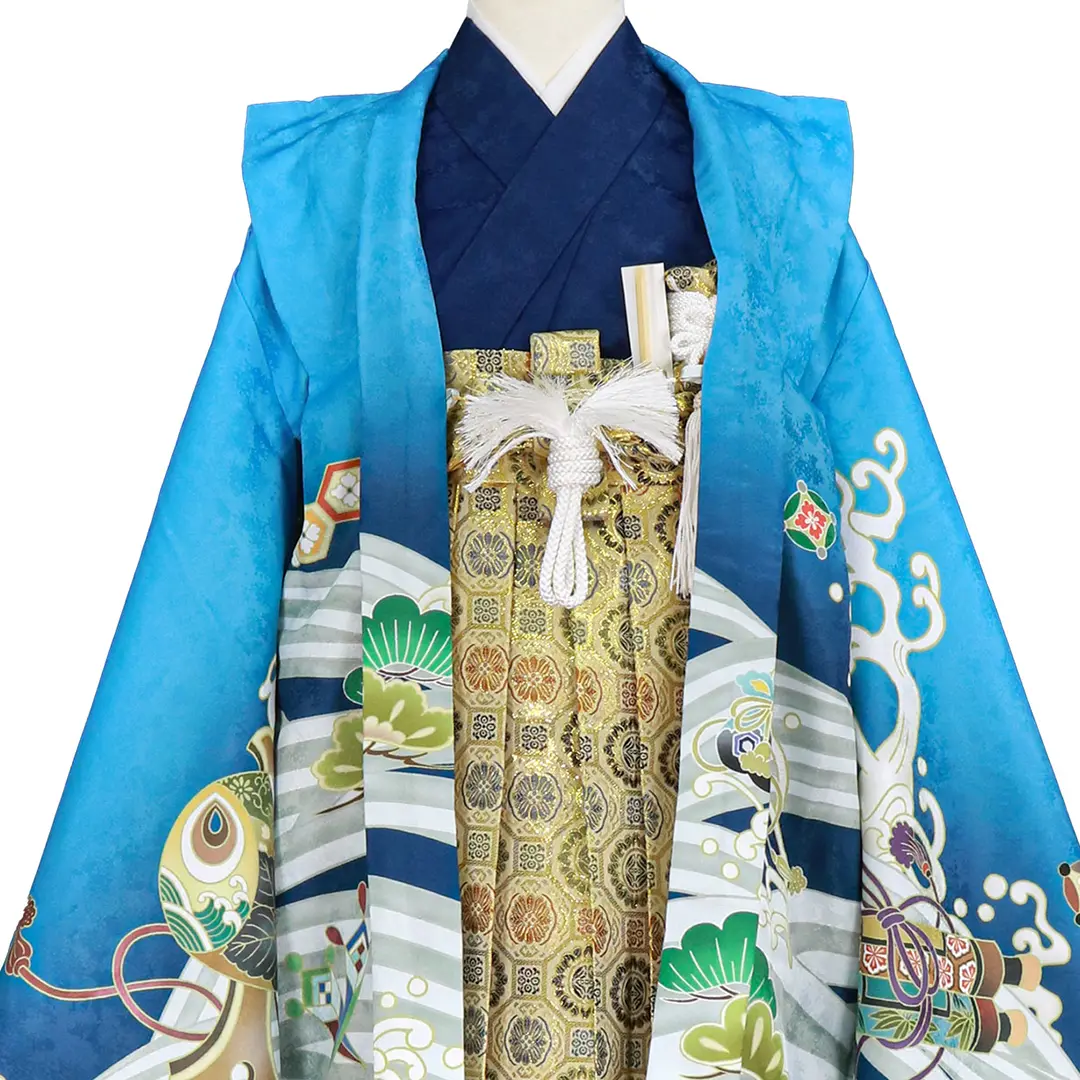 人気の水色♡七五三　5歳　男の子　セット　一式　青系　鷹　大漁船 水色地に鷹と宝船、金襴の袴／七五三・五歳男の子・袴* | 宅配着物