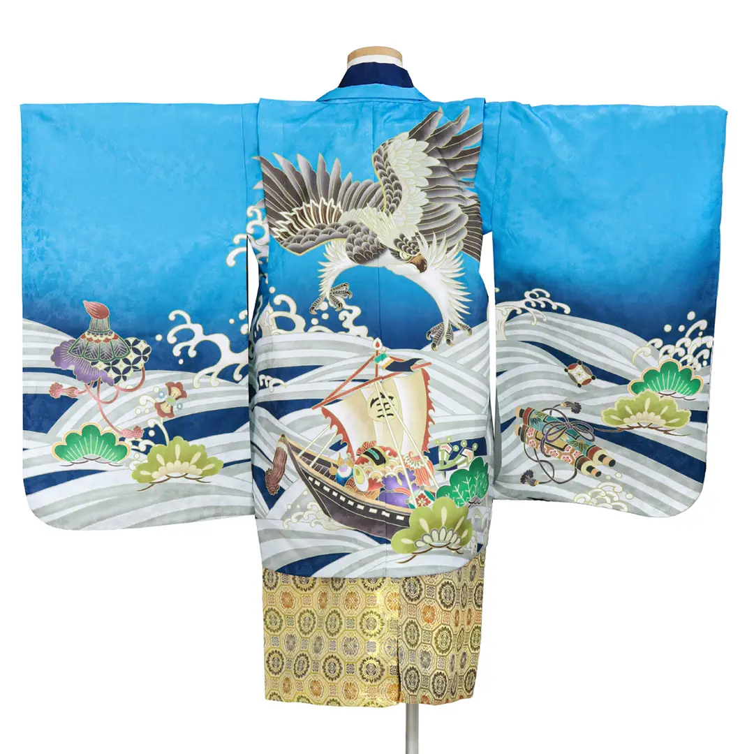 水色地に鷹と宝船、金襴の袴／七五三・五歳男の子・袴* | 宅配着物