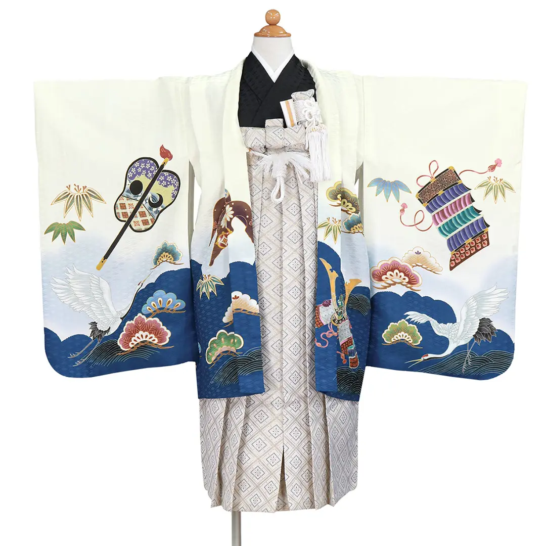 白紺地に鶴と兜、白グレーの袴／七五三・五歳男の子・袴 | 宅配着物