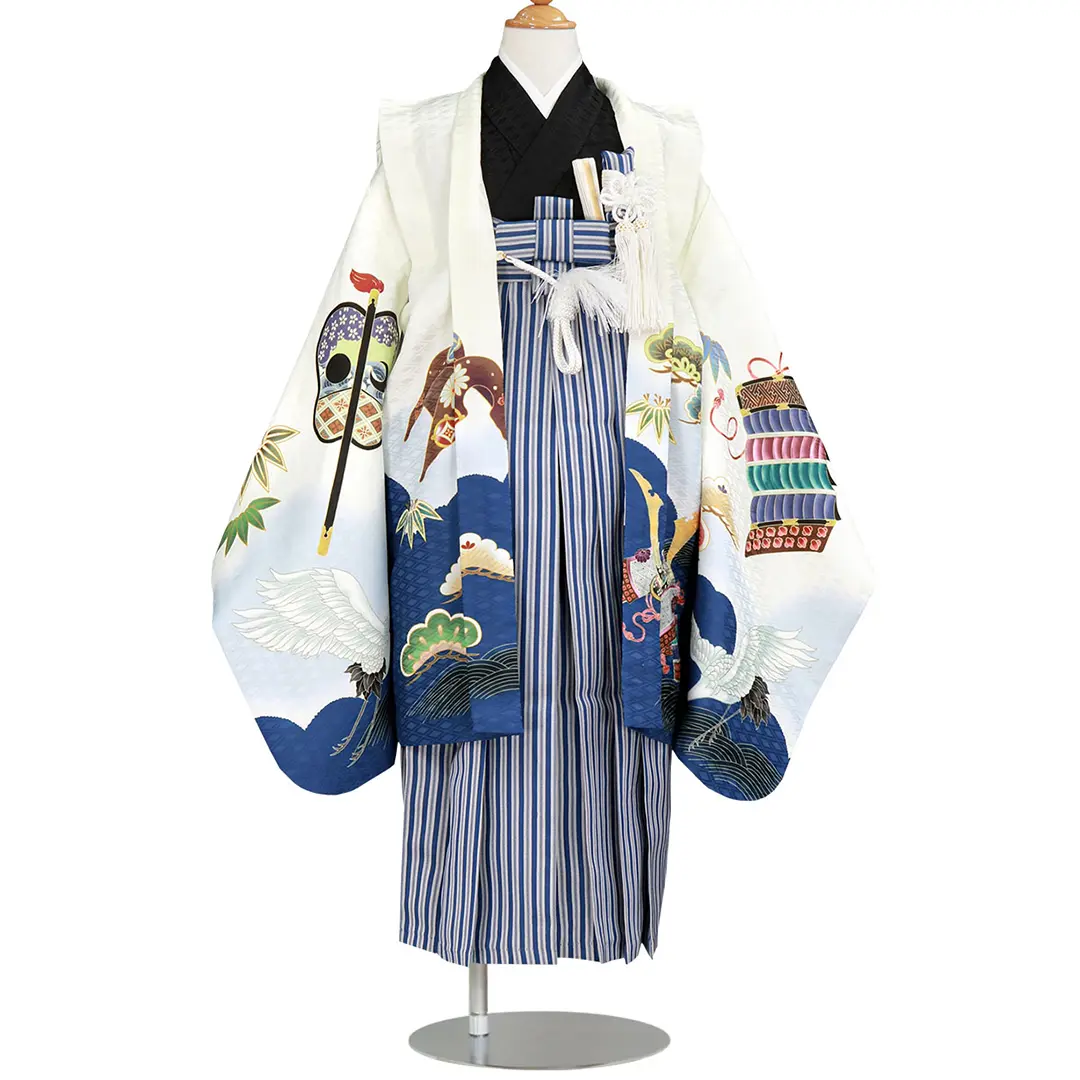 白紺地に鶴と兜、紺縞の袴／七五三・五歳男の子・袴 | 宅配着物