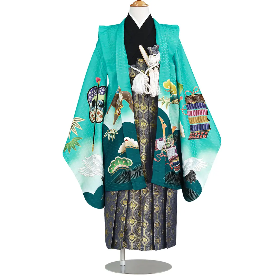 ブルーグリーンに鶴と兜、藍鼠の袴／七五三・五歳男の子・袴 | 宅配