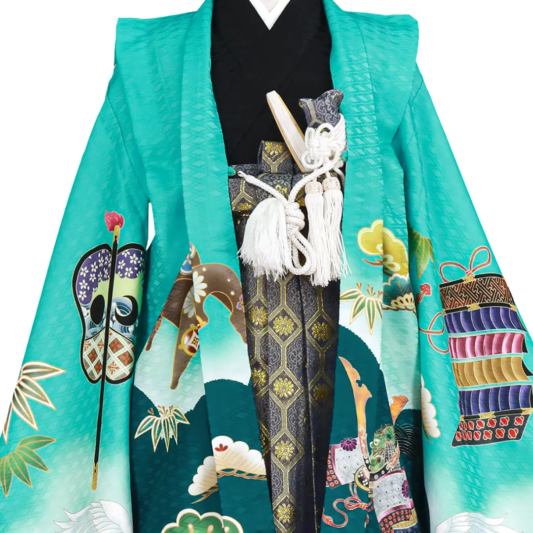 ブルーグリーンに鶴と兜、藍鼠の袴／七五三・五歳男の子・袴