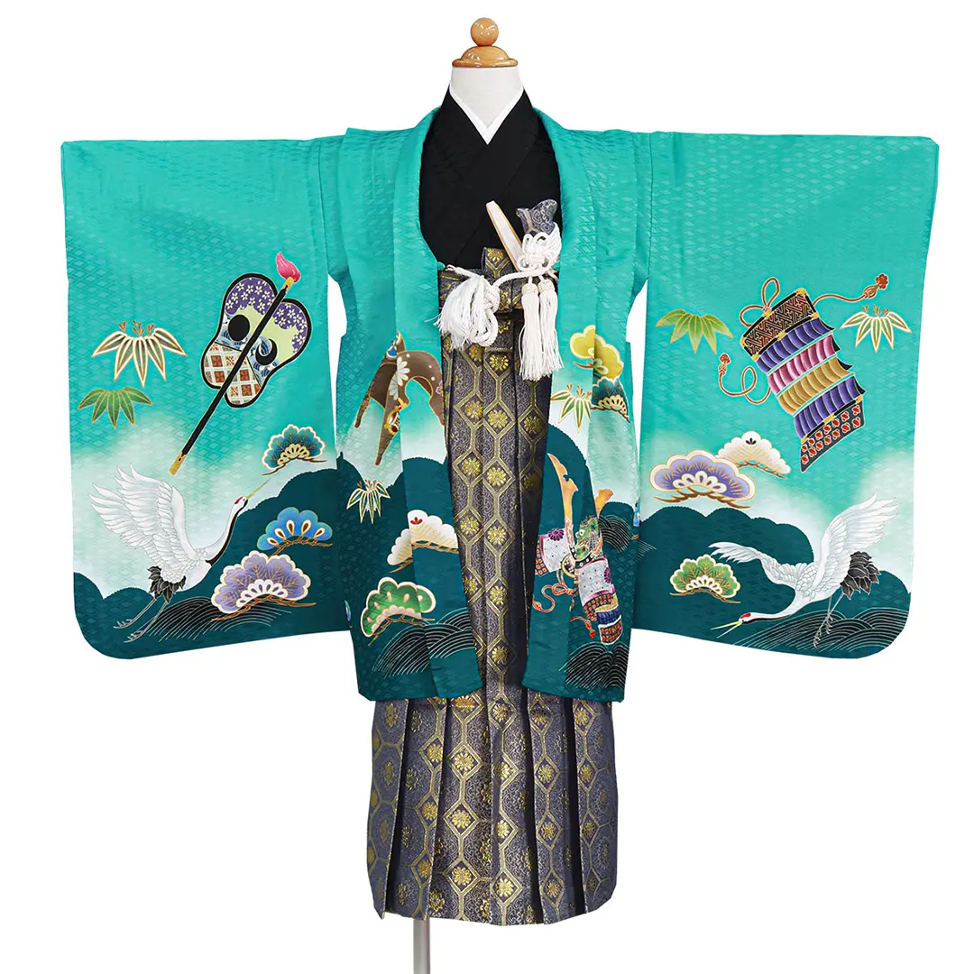 ブルーグリーンに鶴と兜、藍鼠の袴／七五三・五歳男の子・袴