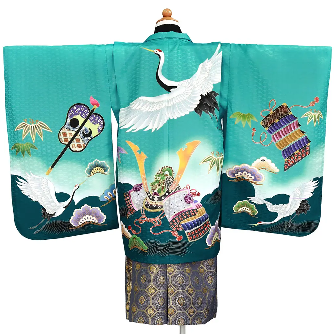 ブルーグリーンに鶴と兜、藍鼠の袴／七五三・五歳男の子・袴