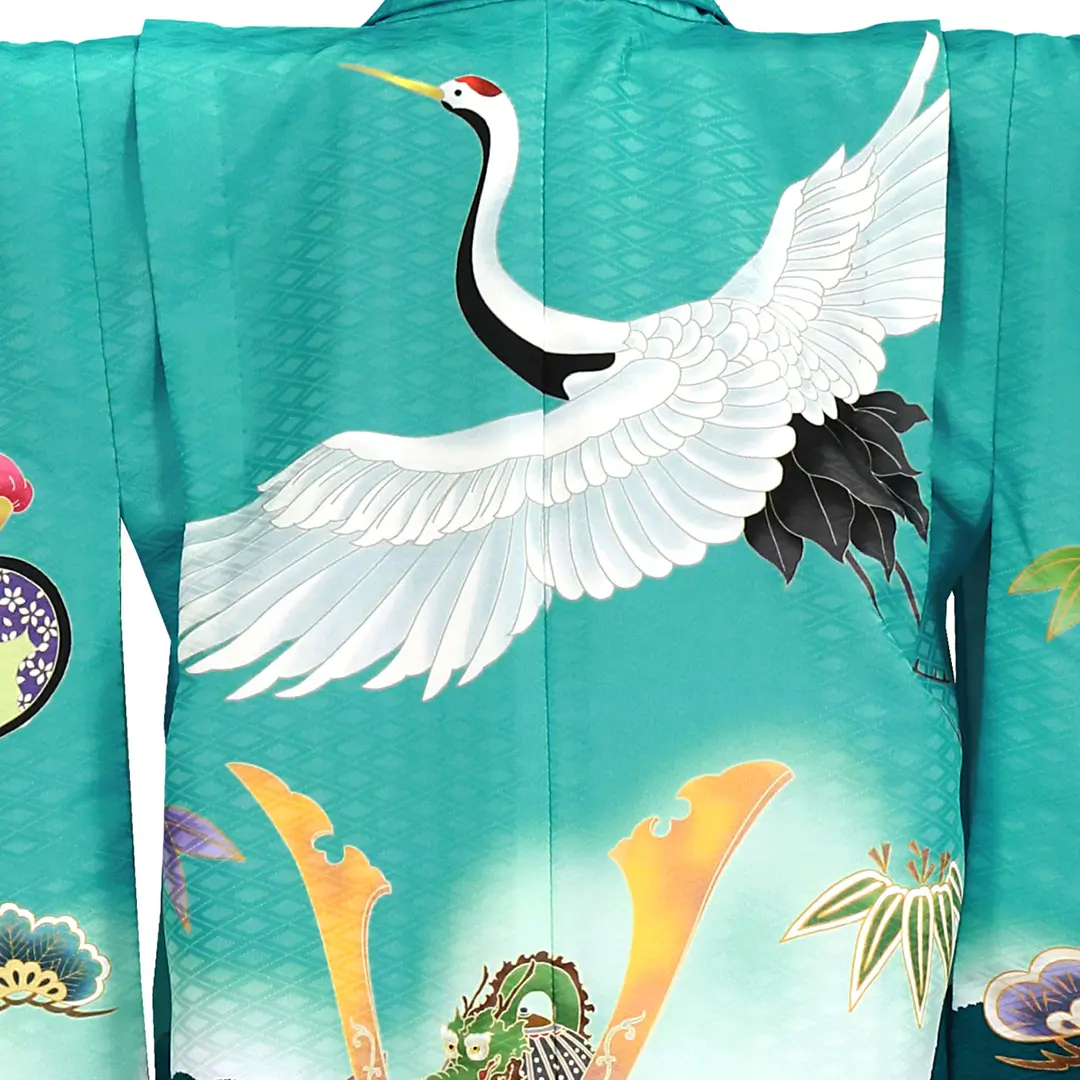 水色地に鶴と兜、藍鼠の袴／七五三・五歳男の子・袴