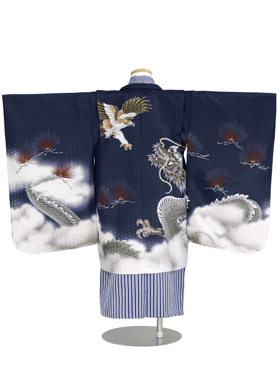 紺地に鷹と雲龍、紺縞の袴／七五三・五歳男の子・袴* | 宅配着物