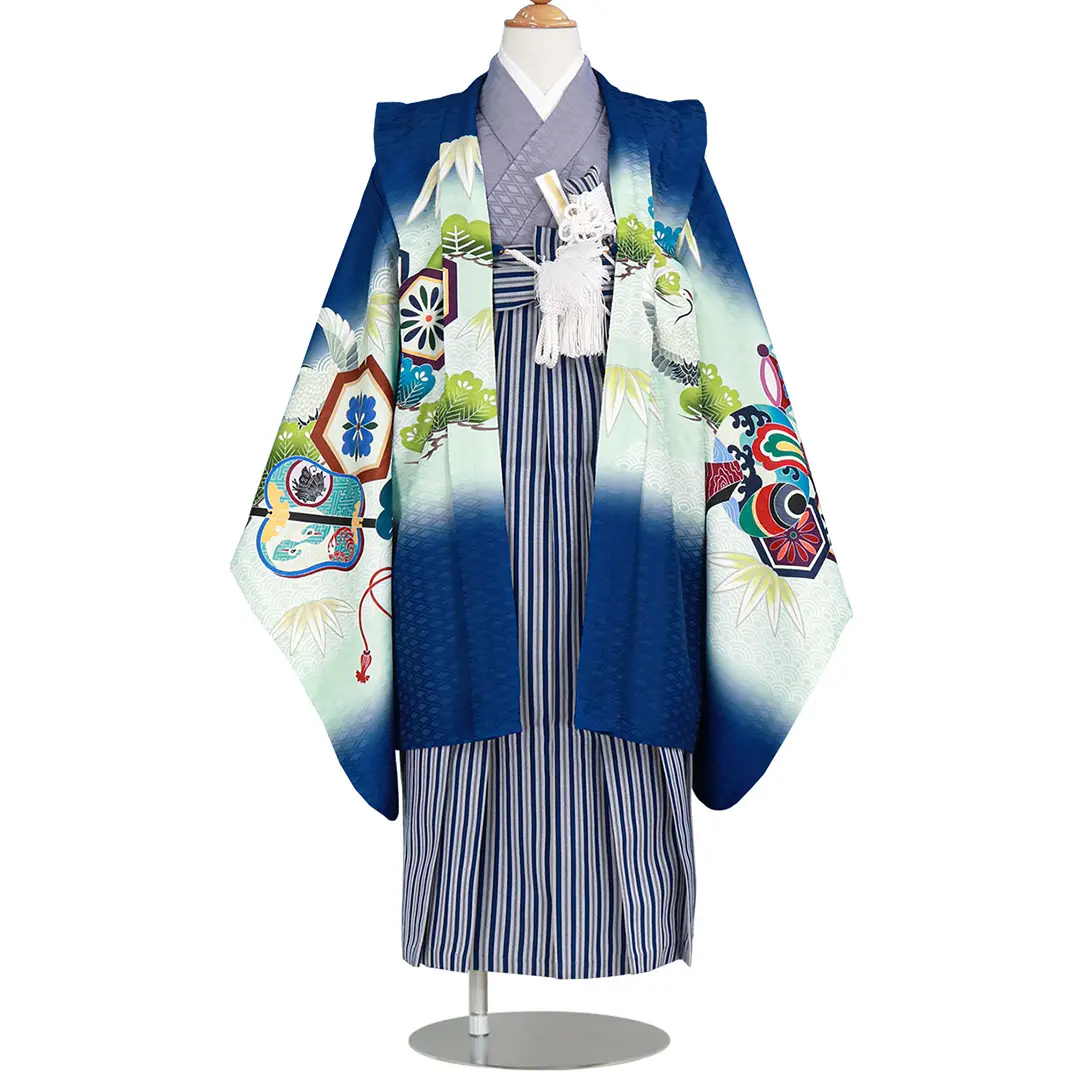 紺地に太刀と兜、紺縞の袴／七五三・五歳男の子・袴 | 宅配着物