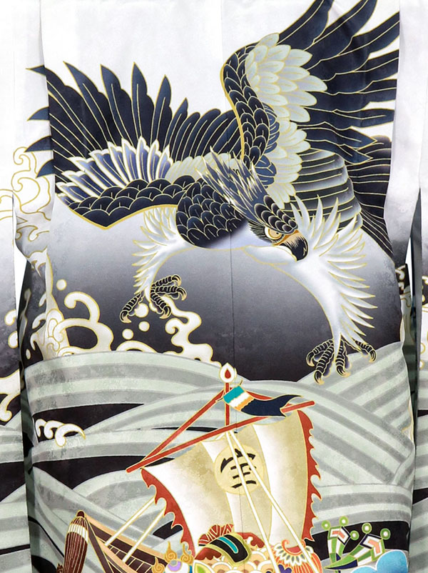 白地に鷹と宝船、黒の袴／七五三・五歳男の子・袴
